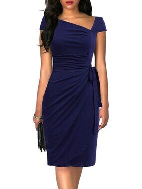 Women's Retro Cap Sleeve Knee-Length Sheath Navy Blue Bodycon Faux Wrap Dress